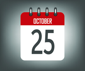 Icon day 25 october, red calendar template with gray background