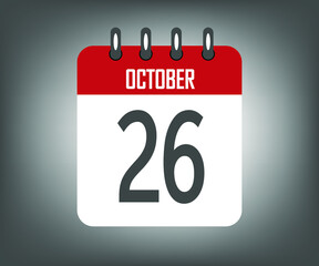 Icon day 26 october, red calendar template with gray background