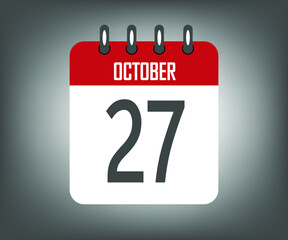 Icon day 27 october, red calendar template with gray background