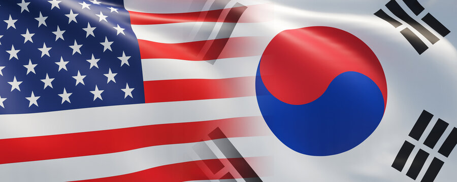 Waving USA and South Korea Flags. 3D Rendering.