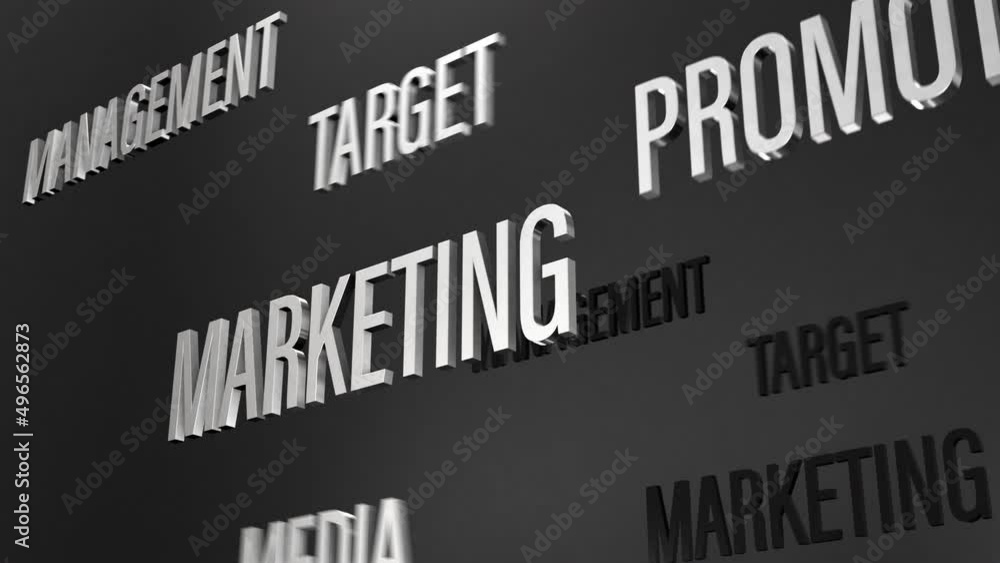 Poster 3d chrome text word cloud flying of marketing animation effect. 4k 3d animation word flying word eff