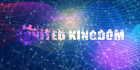 Gear with energy and power industrial icons and United Kingdom country name.
