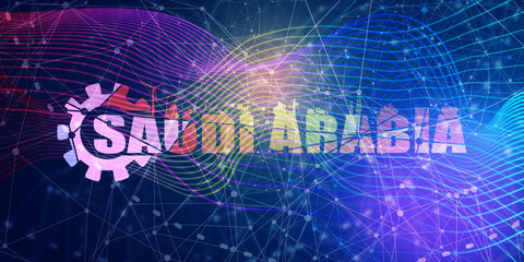 Gear with energy and power industrial icons and Saudi Arabia country name.