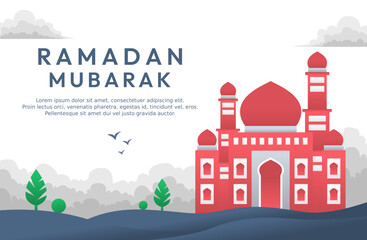 Fototapeta premium Islamic flat design illustration for happy eid fitr or adha mubarak and ramadan mubarak with people character concept for web landing page, banner, social, poster, ad, promotion, book or print media