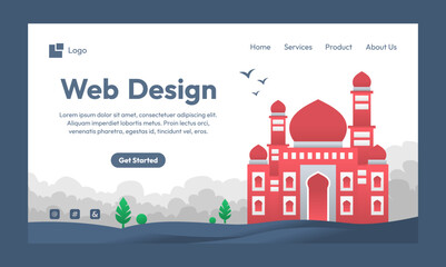Islamic flat design illustration for happy eid fitr or adha mubarak and ramadan mubarak with people character concept for web landing page, banner, social, poster, ad, promotion, book or print media