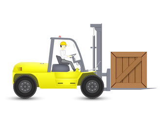 Forklift and operator or worker vector illustration design isolated on white background. May called lift truck. Machine equipment for storage, port, warehouse and factory. Include wooden crate box.