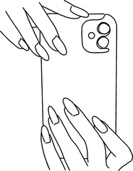 Hand mobile smartphone with iphone one continuous single line art drawing. Minimal art style. Smartphone continuous line art illustration.