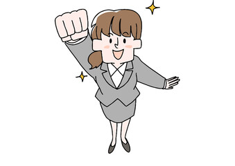 上に向かって拳を突き上げるビジネスウーマン　コミカルな手書きの人物　ベクター、線画にカラー