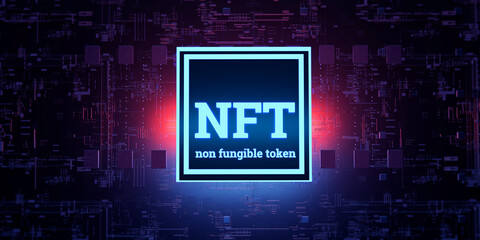 Nonfungible tokens/The concept of nonfungible NFT tokens on a dark blue background. NFT nonfungible tokens concept - NFT word on abstract technology surface. 3d rendering
