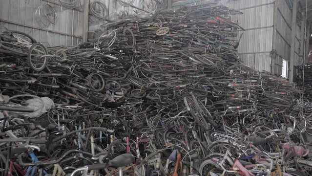  old bikes stored and piled at the factory