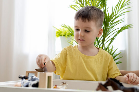 Montessori material. Little boy explores the farm animals in the game.