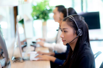 Customer service with friendly, man and woman call center and operator for support client, group of business team with assistance and consultant, adviser helpdesk and contact, communication concept.