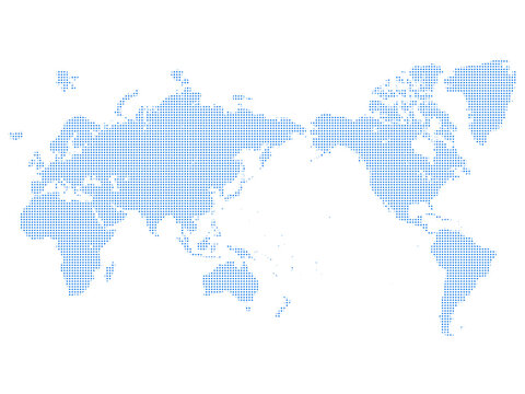 白バックの日本中心のドットの世界地図