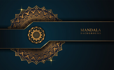 Ramadan Kareem in luxury style with golden mandala on dark blue background for Islamic events