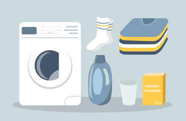 vector illustration in flat style. set of items on the theme of washing, laundry. washing machine, powder, fabric softener, stack of clothes
