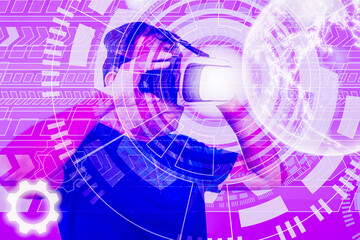 A man using Metaverse digital cyber world technology with wearing and holding Virtual reality white and black. Virtual reality wearing a male head. VR mix with metaverse is high technology for future