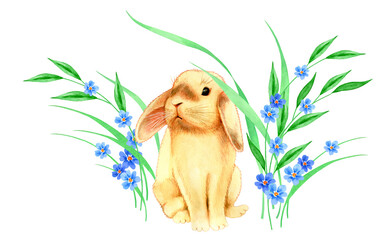 Watercolor illustration of a cute rabbit for your design. Perfect for Happy Easter, Birthday