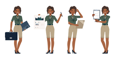 Set of Accountant woman wear green color suit character vector design. Presentation in various action. People working in office planning, thinking and economic analysis.