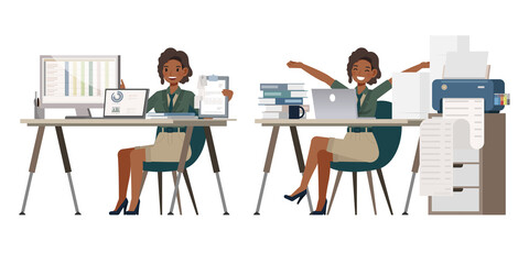 Set of Accountant woman wear green color suit character vector design. Presentation in various action. People working in office planning, thinking and economic analysis.