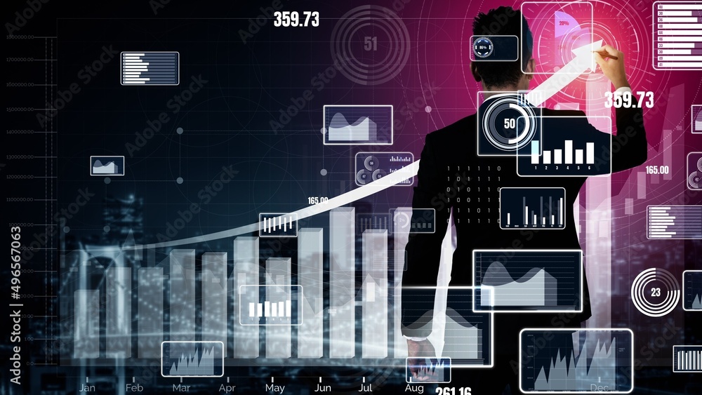 Poster double exposure image of business and finance conceptual - businessman with report chart up forward 
