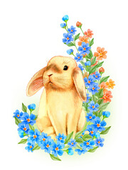 Watercolor illustration of a cute rabbit and wildflowers for your design. Perfect for Happy Easter, Birthday, Spring, Mother's Day