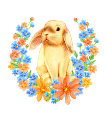 Watercolor vintage wreath with flowers and a cute bunny. Perfect for Happy Easter, Birthday, Mother's Day