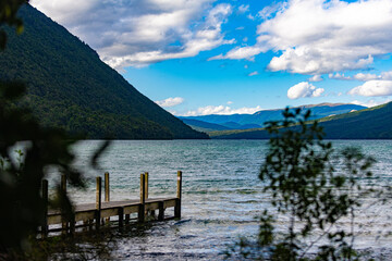Jetty in mountain scenery in New Zealand