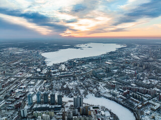 Naklejka na ściany i meble Yekaterinburg aerial panoramic view at Winter in cloudy day. Ekaterinburg is the fourth largest city in Russia located in the Eurasian continent on the border of Europe and Asia.