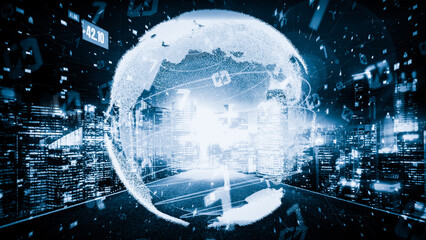 Futuristic global network and tacit digital data transfer 3D graphic . Concept of smart digital transformation and technology disruption that changes global trends in new information era .