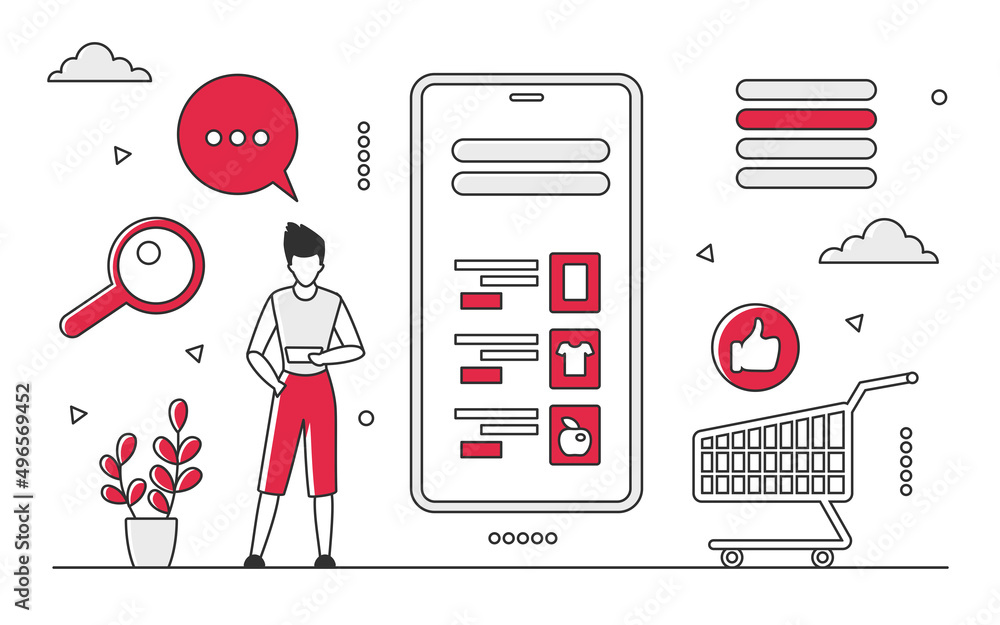 Poster online marketplace trading commerce application platform. digital shopping via store website vector 