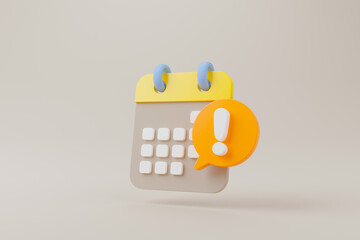 Notification icon and calendar deadline on brown background. 3d rendering illustration - obrazy, fototapety, plakaty