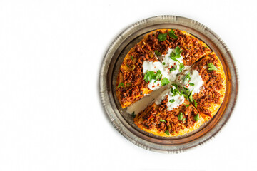 Turkish Food Kayseri Yaglama with Minced Meat, Yogurt and Tomato Paste