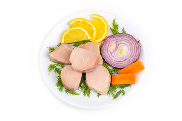 Turkish appetizer Pickled Tunny Fish with Olive Oil (Turkish name; Lakerda)