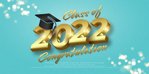 Realistic 3d golden class of 2022 happy graduation congratulation for university collage high school