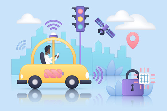 Autonomous Driverless Car With Sensors On City Road. Automatic Vehicle With Digital Selfdriving System, Passenger In Autopilot Automobile Flat Vector Illustration. Future Technology, IOT Concept