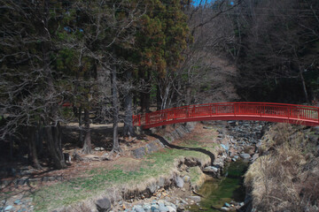林の中にある特徴的な赤い橋(日本)