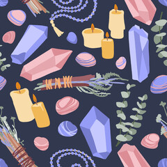 Seamless pattern with different items for spiritual practices, yoga or wellness.
