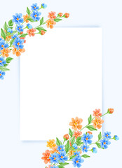 Watercolor illustration with wildflowers with space for text. Perfect for invitations, greeting cards, posters. Easter, Birthday, Spring, Mother's Day
