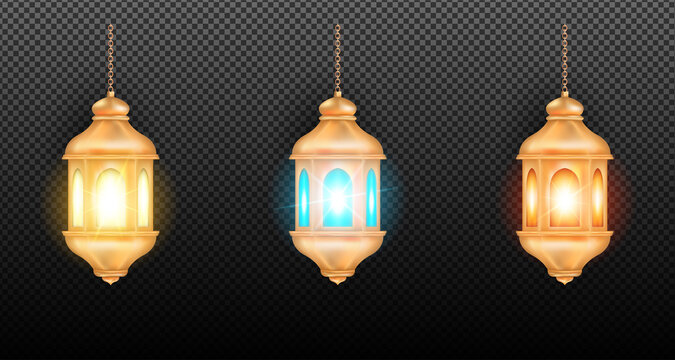 3d gold islamic lampion latern colorfull lamp collection set isolated object for ramadan or islamic day Premium Vector