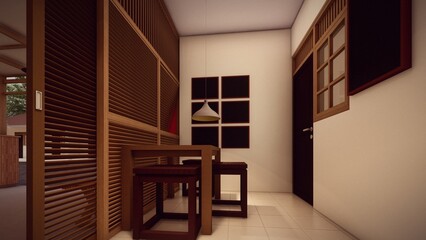 indoor lounge in the small room 3d illustration