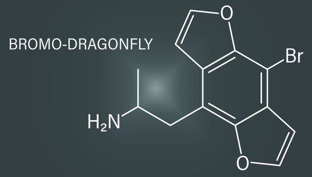 Bromo-dragonFLY hallucinogenic drug molecule. Skeletal formula.