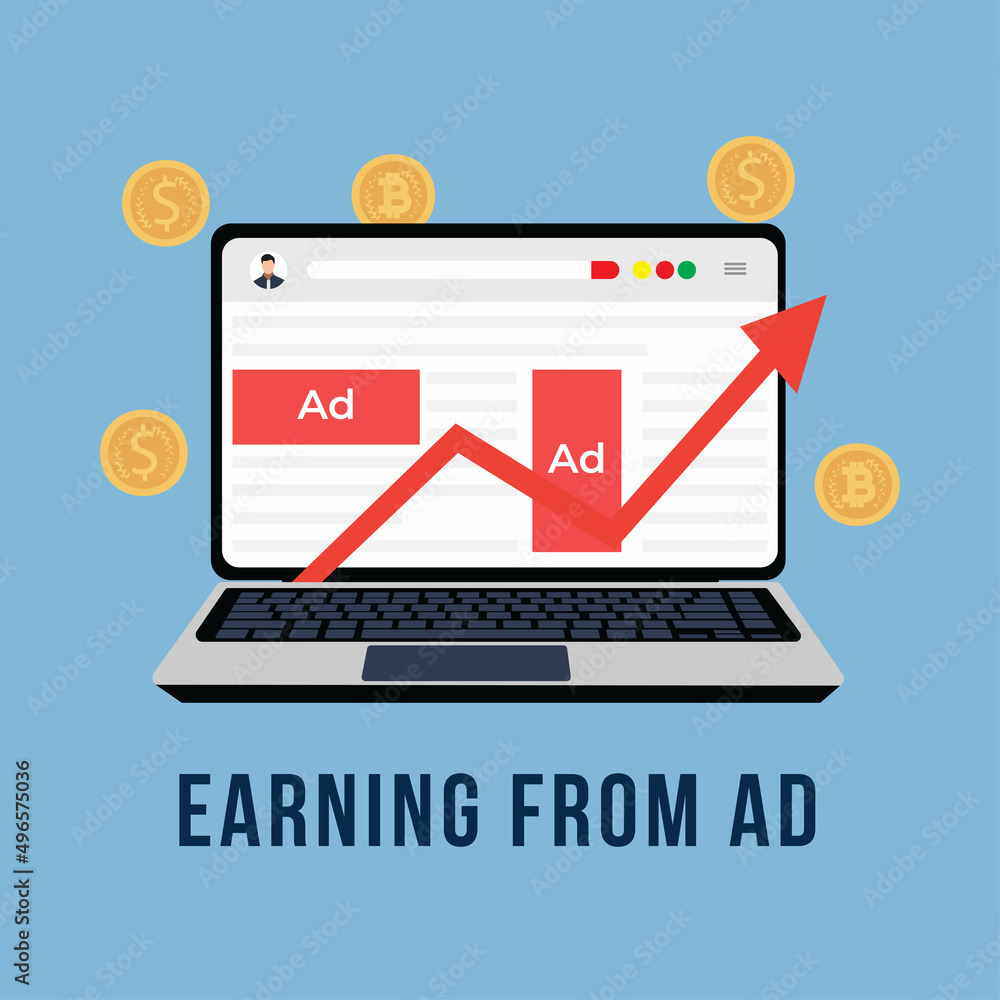 Poster earning from advertisements on websites or social media platforms concept. earning from ads concept 
