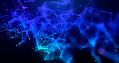 Abstract digital blue wave triangulation shapes in digital wave with small particles. Technological.