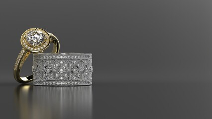 engagement ring with wedding band 3d render in yellow white gold