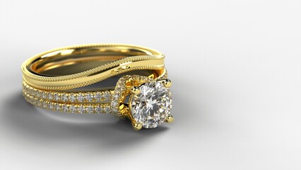 engagement ring with wedding band 3d render in yellow gold