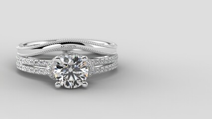 engagement ring with wedding band 3d render in white gold