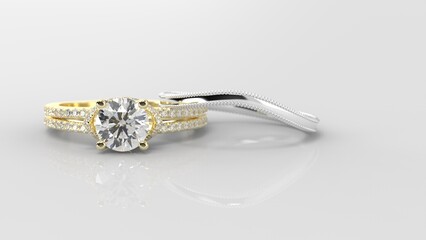 engagement ring with wedding band 3d render in yellow white gold