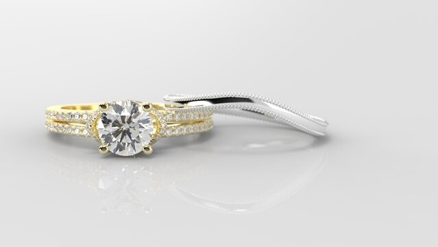 engagement ring with wedding band 3d render in yellow white gold