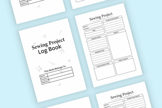 Sewing project KDP interior notebook. Needlework project task tracker and business information journal template. KDP interior of a log book. Sewing project fabric measurement notebook.