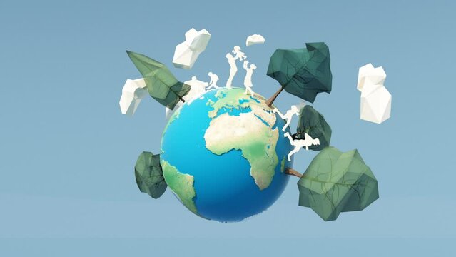 innovative Poster Or Banner Of World Environment Day with low poly tree and cloud and river on the floor with globe earth on green background 3d rendering illustration